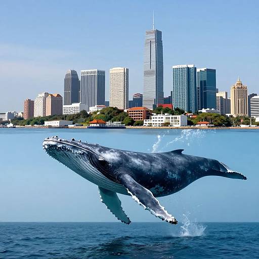 Photograph of a large, gray humpback whale leaping out of the blue ocean in front of a modern city skyline with tall skyscrapers