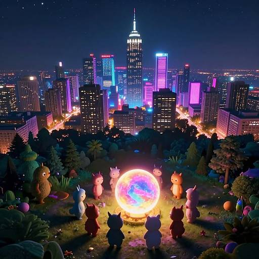 Digital artwork of neon-lit city skyline at night, with cartoonish, silhouetted cats and a glowing, colorful orb in a forested