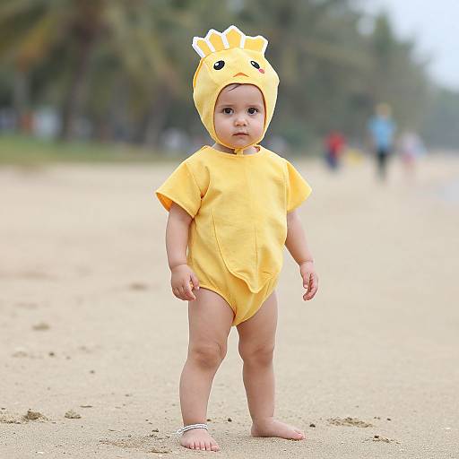 Photograph of a curious baby standing on a sandy beach, wearing a yellow Pikachu onesie and matching hat, with blurred background of palm trees and distant