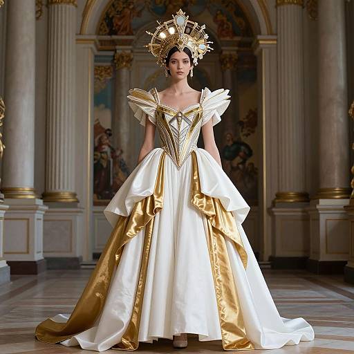 Photograph of a model in an opulent, gold and white ball gown with elaborate crown, standing in a grand, classical hall.