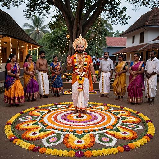 Photograph of a traditional Indian wedding ceremony with a bearded groom in an orange dhoti and turban, standing on a vibrant floral mandala