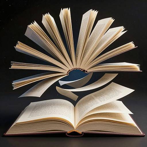 Photograph of an open book with pages dramatically flying outward against a black background, creating a dynamic, swirling effect.