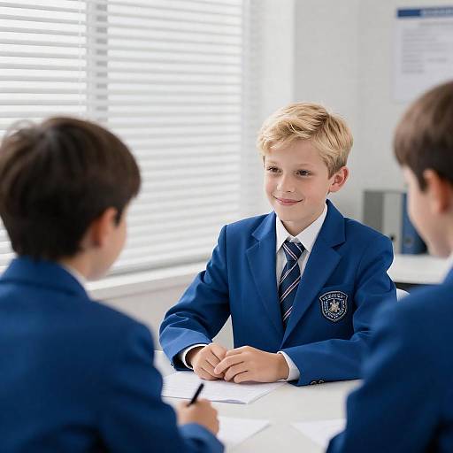 Smiling Blonde Schoolboy at Desk