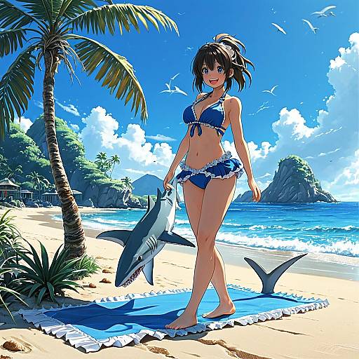 Anime-style drawing of a cute girl in a blue bikini, holding a shark, standing on a sunny tropical beach with palm trees and a rocky island.