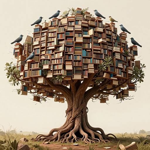Digitally illustrated tree with a thick trunk and sprawling roots, laden with stacked books, topped by blue birds perched among them.