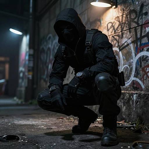 Photograph of a hooded, black-clad, heavily armed person crouching in a dimly lit, graffiti-covered alley with industrial lights.