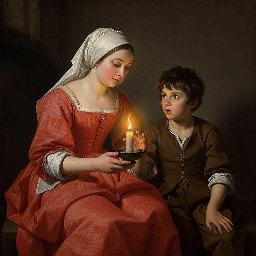 Photorealistic painting of a woman in red dress and white headscarf, holding a candle, gazing at a curious young boy in brown clothes