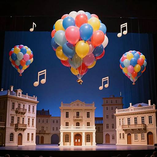 Photograph of colorful balloon floats above an illuminated, miniature European-style building set, with musical notes in the dark blue sky.