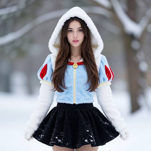 Photograph of a young woman with long brown hair, wearing a white hooded, furry Snow White outfit with red accents, black skirt, standing in
