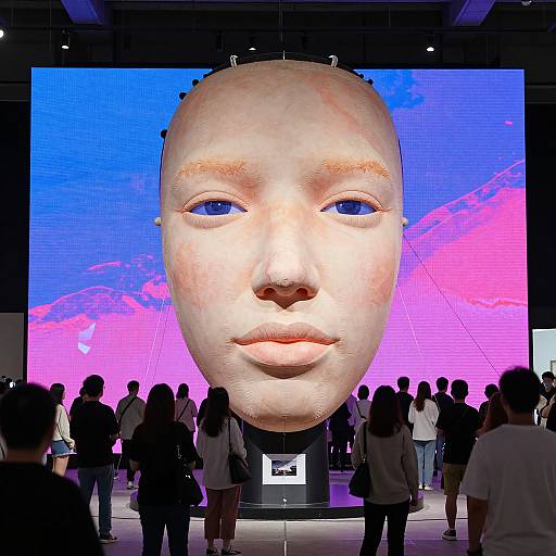 Photograph of a crowded exhibition hall with a large, realistic, 3D baby face on a digital screen, featuring a pink-purple gradient background.