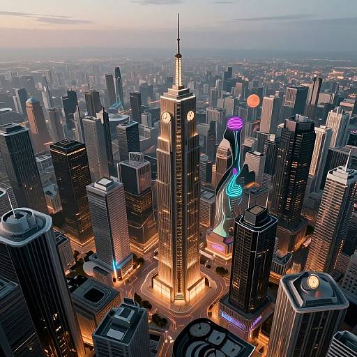 Aerial photograph of a futuristic, illuminated cityscape at sunset, featuring a tall, lit skyscraper with clock faces, surrounded by glowing neon lights and