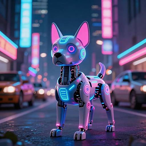 Neon-lit cyberdog robot with glowing pink and blue lights stands in a futuristic city street at night, surrounded by blurred cars and vibrant, colorful