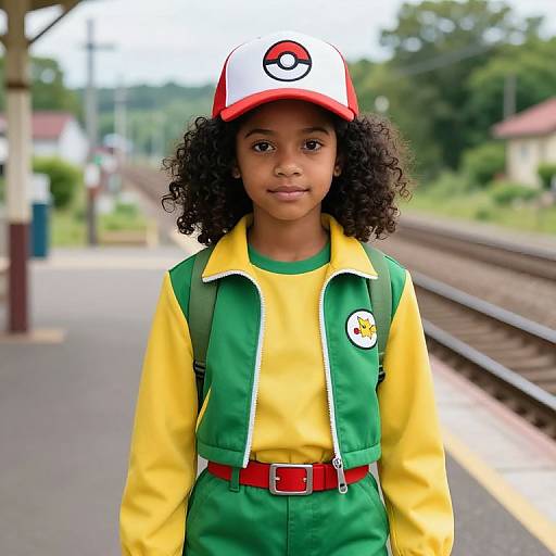 Photograph of a young Black girl with curly hair, wearing a Pikachu-themed white and red cap, yellow and green jacket, and red belt, standing