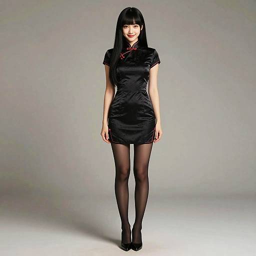 Photograph of an Asian woman with straight black hair, wearing a black satin cheongsam dress, black stockings, and black heels, standing against a