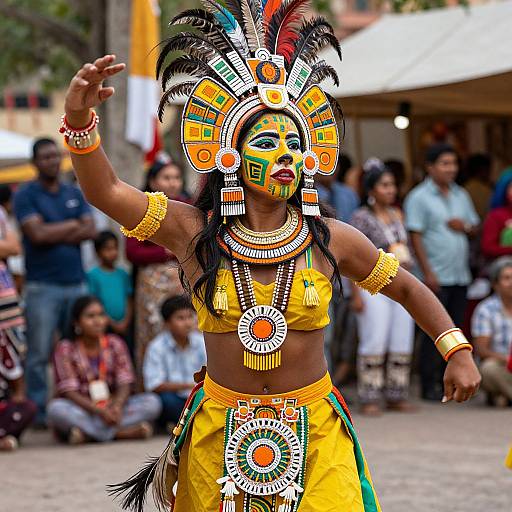 Photograph of a dark-skinned woman in vibrant traditional tribal costume with colorful feather headdress, yellow and green attire, and elaborate face paint, performing