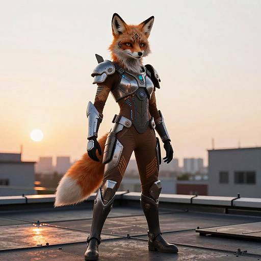 Digital artwork of a fox anthropomorphic character in futuristic armor, standing on a rooftop at sunset, with city buildings in the background.