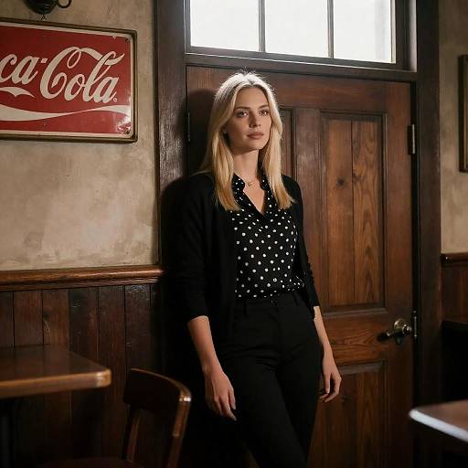 Sunlit Blonde Woman in Rustic Bar