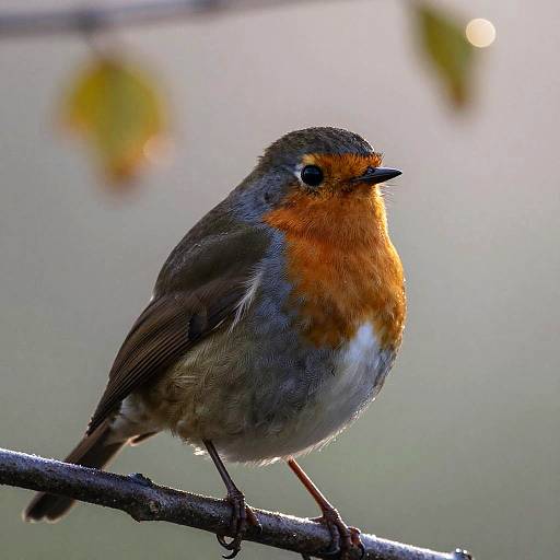 Photograph of a vibrant European robin with an orange chest, brown and gray feathers, perched on a branch against a softly blurred background.