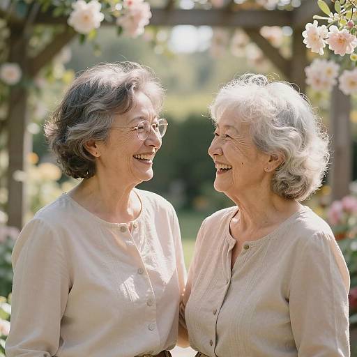 Photograph of two elderly women with short gray hair, wearing white button-up shirts, smiling and standing close in a sunlit garden with blooming flowers