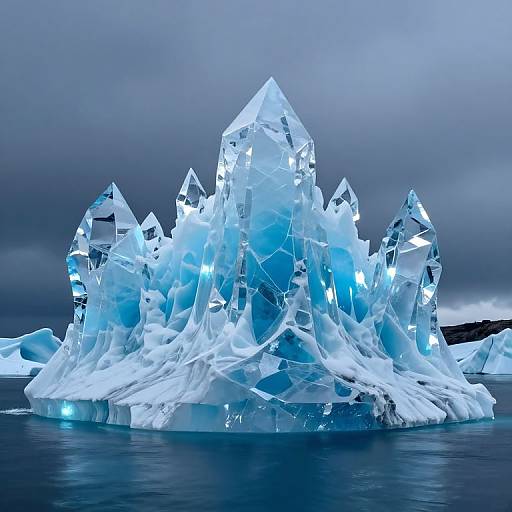 Photograph of glowing, crystalline blue icebergs with sharp, angular shapes, floating on dark, calm water under a cloudy, gray sky.