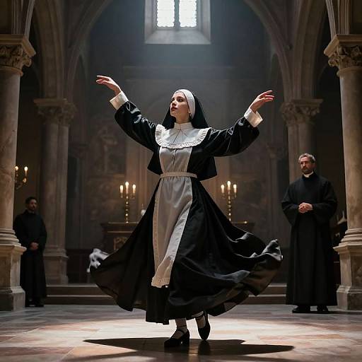 Photograph of a nun in a black habit and white wimple, arms raised in a graceful dance, illuminated by church candles in a dimly lit