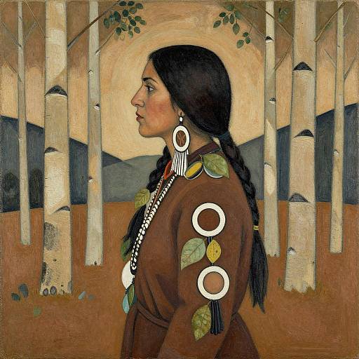 Painting of a Native American woman with long black hair, braids, large circular earrings, and brown dress, standing in a birch forest.