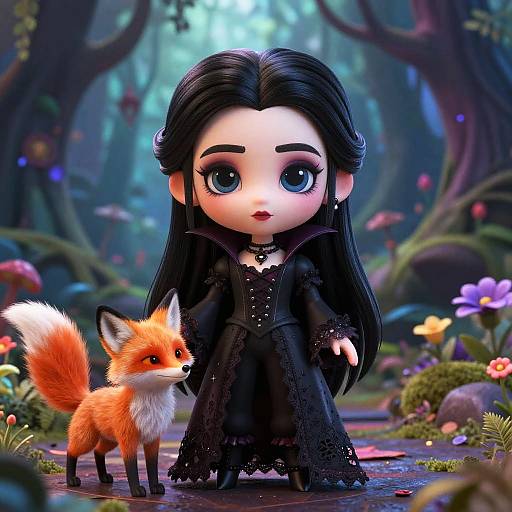 Chibi Gothic Vampire with Fox in Enchanted Forest
