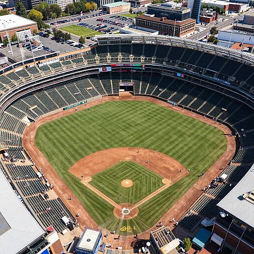 Aerial photograph of an empty, modern baseball stadium with green grass, brown dirt infield, and dark blue seats, surrounded by urban buildings.