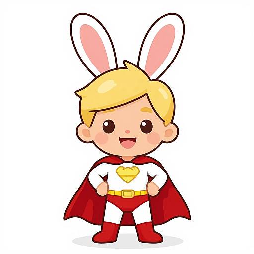 Cartoon chibi-style drawing of a blonde boy superhero with white bunny ears, red cape, white shirt with yellow heart, red pants, and red