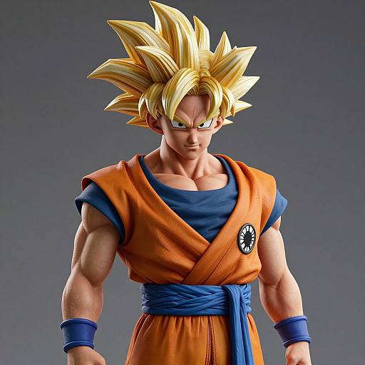 CGI image of muscular Super Saiyan Son Goku with spiky blond hair, orange and blue martial arts outfit, determined expression, gray background.