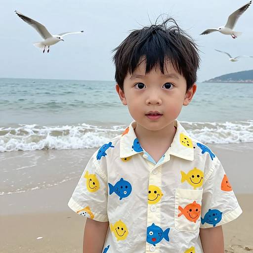 Photograph of an Asian boy with short black hair, wearing a white shirt with colorful fish patterns, standing on a beach with seagulls flying above