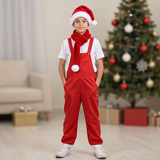 Photograph of a young boy in a white shirt, red overalls, Santa hat, and scarf, standing in front of a Christmas tree with blurred