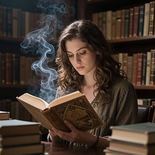 Photograph of a young woman with long, wavy brown hair, smoking book emitting blue smoke, surrounded by stacked books in a dimly lit library