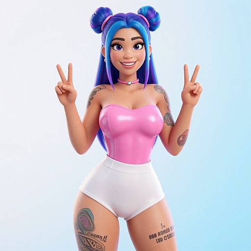 Vibrant Tattooed Woman with Buns