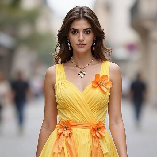 Photograph of a brunette woman with wavy hair, wearing a bright yellow dress with orange floral accents, walking on a blurred city street.