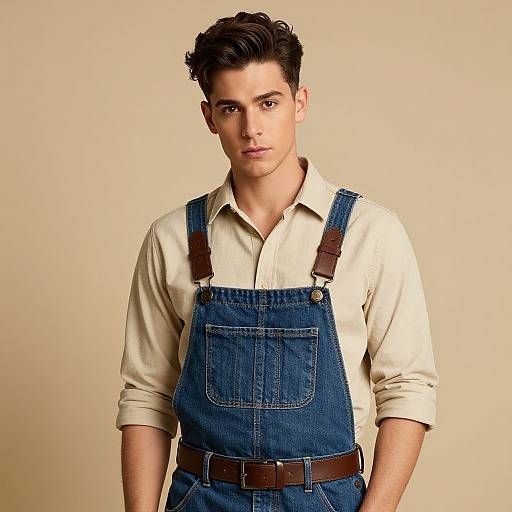 Confident Young Man in Denim Overalls