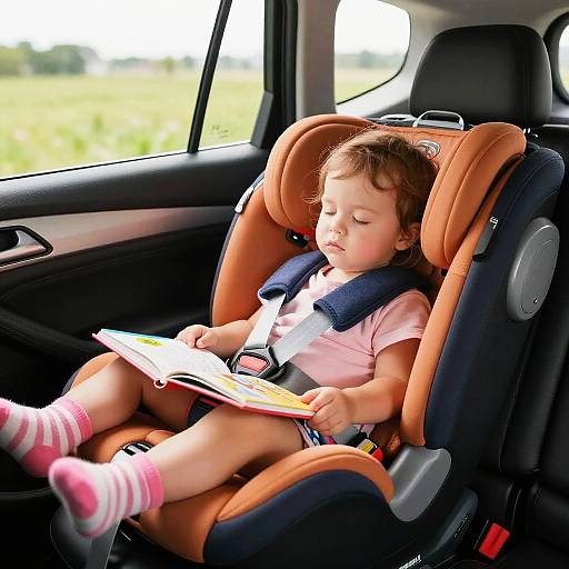 Sleeping Toddler in Car Seat with Book
