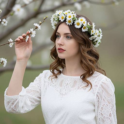 Photograph of a fair-skinned woman with wavy brown hair, wearing a white lace dress and daisy flower crown, holding a daisy branch
