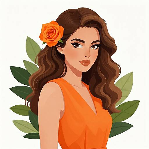 Digital illustration of a woman with wavy brown hair, wearing an orange dress, and an orange rose in her hair, set against green leaves.