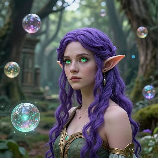 Digital fantasy artwork of a beautiful elf woman with long purple hair, green eyes, pointed ears, and glowing bubbles in a mystical forest. She wears a