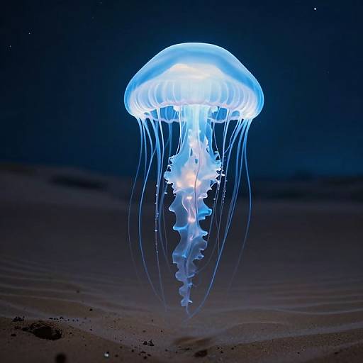 Photograph of a glowing blue jellyfish with translucent tentacles, illuminated against a dark, oceanic background, creating a mesmerizing underwater scene.