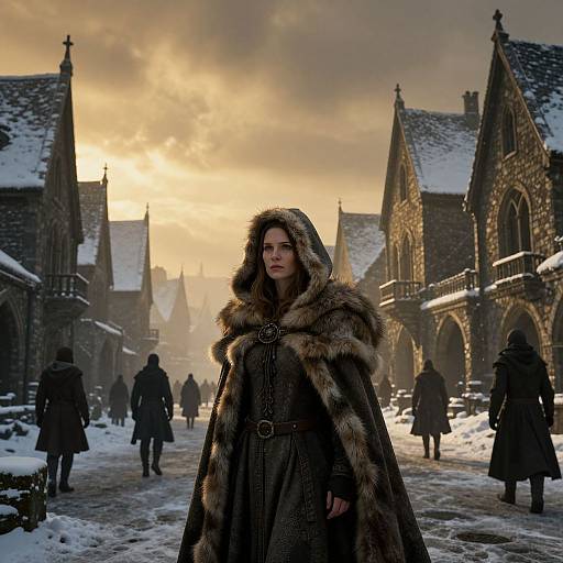 Photorealistic digital image of a stern, fair-skinned man in a fur-collared medieval cloak, standing in a snowy, Gothic cathedral courtyard