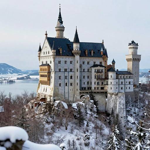 Photograph of Neuschwanstein Castle in Bavaria, Germany, covered in snow with tall spires and turrets, surrounded by a snowy forest