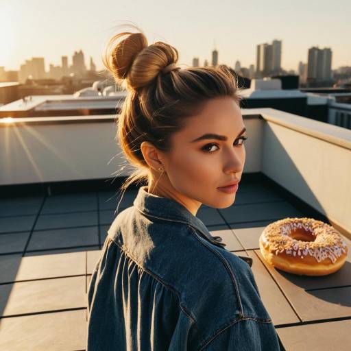 Fashion Model with Doughnut Bun Hairstyle on Rooftop