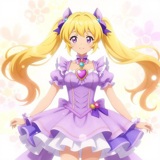 Digital anime-style drawing of a blonde girl with purple eyes, wearing a frilled purple dress with a heart-shaped chestpiece, and large twin bows in