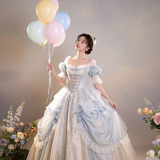 Photograph of a fair-skinned woman in an intricate white and blue Victorian-style wedding dress, holding colorful balloons, surrounded by flowers against a soft,