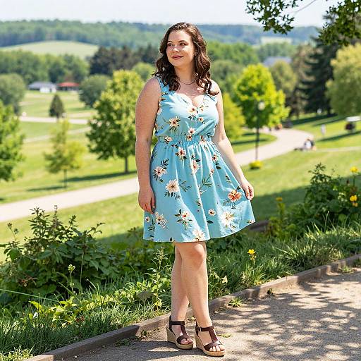 Photograph of a smiling woman with dark curly hair, wearing a light blue floral dress and black sandals, standing on a sunny path in a lush,