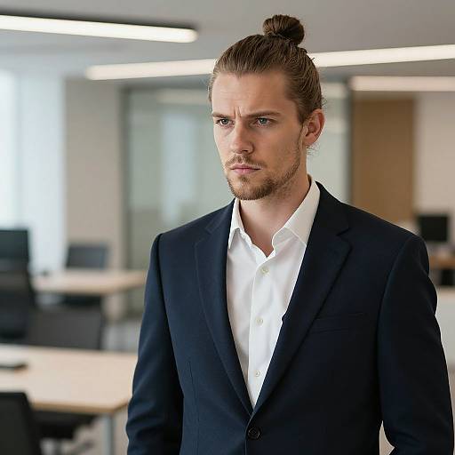 Photograph of a serious, fair-skinned man with a bun, blue eyes, and trimmed beard, wearing a black suit over a white shirt,