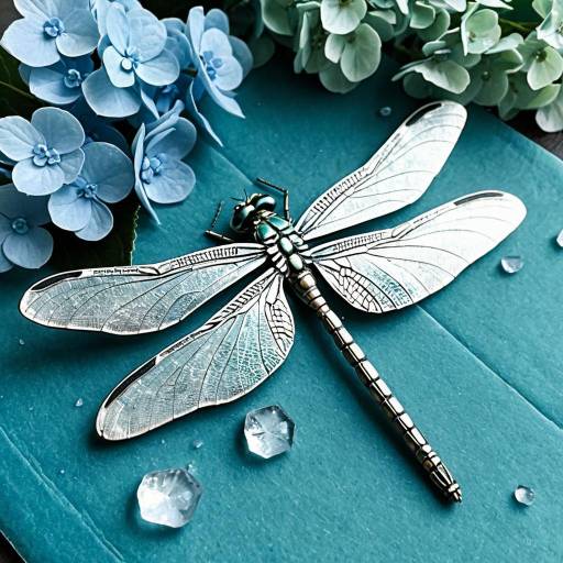 Silver Dragonfly on Teal Parchment with Blue Hydrangeas