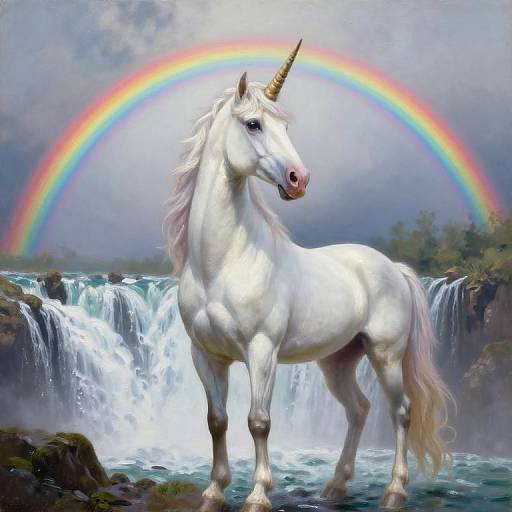 Digital painting of a white unicorn with a golden horn, standing in a flowing waterfall, under a vibrant rainbow in a misty, forested background.